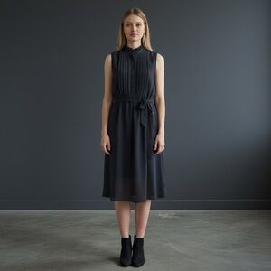 ❤️ Vintage LOFT Navy Ruffle High Neck Chiffon Tie Waist Dress